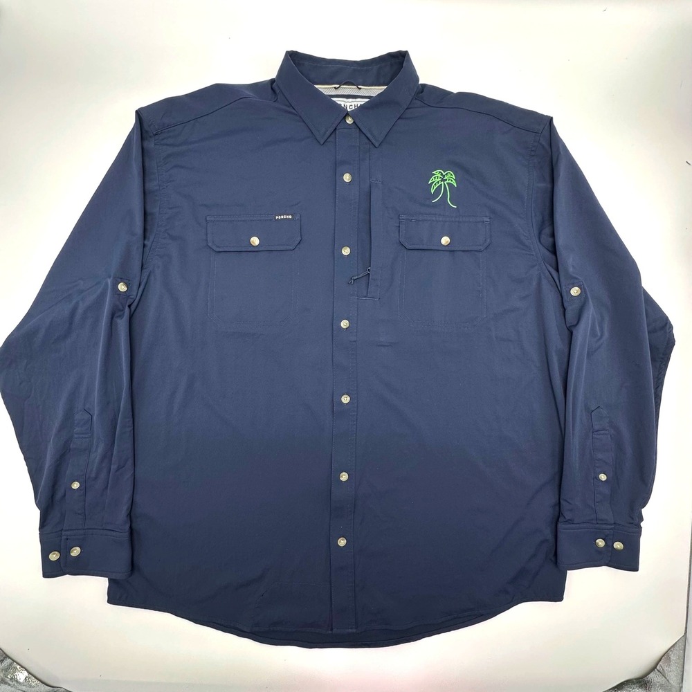 Poncho Outdoors Mens XL Regular Fit Fishing Shirt Navy Blue Magnetic Pocket Long - Picture 2 of 10